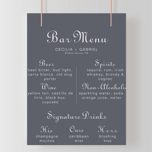 Eenvoudige avond boho bruiloftsbar menu poster