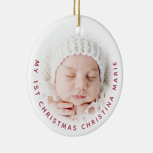 Eenvoudige Baby 1e kerstfoto Red Typografie Keramisch Ornament (Rechts)