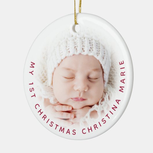 Eenvoudige Baby 1e kerstfoto Red Typografie Keramisch Ornament (Links)