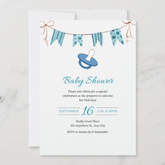 Eenvoudige Baby Blauwe Douche Uitnodiging met Dumm (Voorkant)