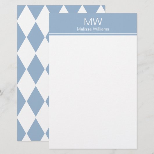 Eenvoudige Baby Blauwe en Witte Naam met Monogram Briefpapier (Voorkant / Achterkant)
