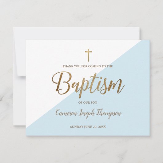 Eenvoudige Baby Boy Blauw Doopsel Goud Dank u Kaart (Voorkant)