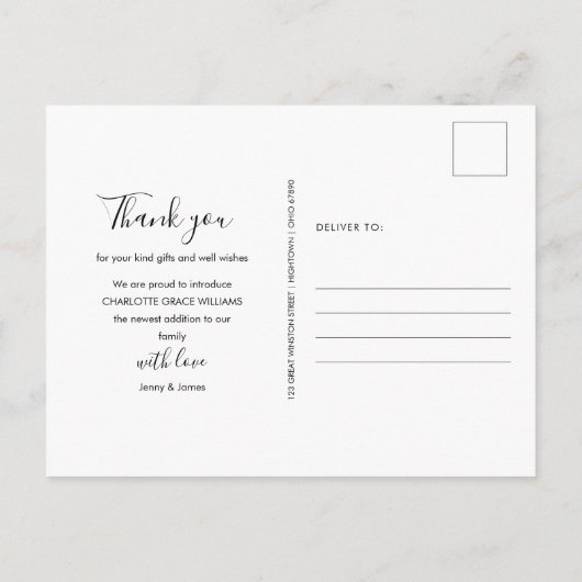 Eenvoudige Baby foto Dank u Elegant Script Geboort Aankondigingskaart (Achterkant)