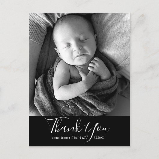 Eenvoudige Baby foto Dank u Script Birth Aankondigingskaart (Voorkant)
