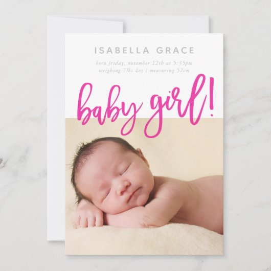 EENVOUDIGE BABY FOTO modern meisje roze script sch Aankondiging (Voorkant)