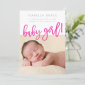 EENVOUDIGE BABY FOTO modern meisje roze script sch Aankondiging (Staand voorkant)