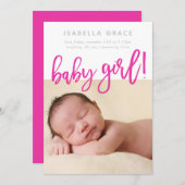 EENVOUDIGE BABY FOTO modern meisje roze script sch Aankondiging (Voorkant / Achterkant)
