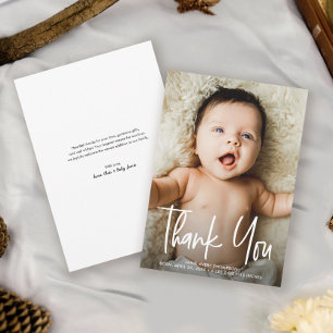 Eenvoudige baby Foto Moderne geboorte Handletterin Bedankkaart