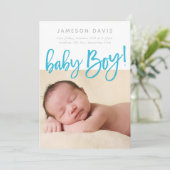 EENVOUDIGE BABY FOTO moderne jongen aqua script be Aankondiging (Staand voorkant)
