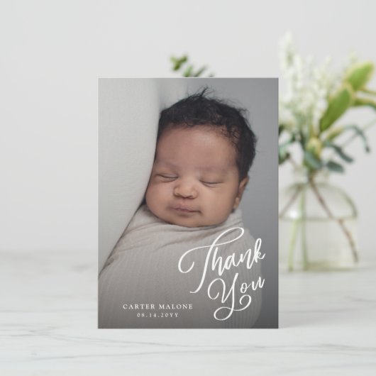 Eenvoudige Baby foto van Elegant Script Bedankkaart (Staand voorkant)