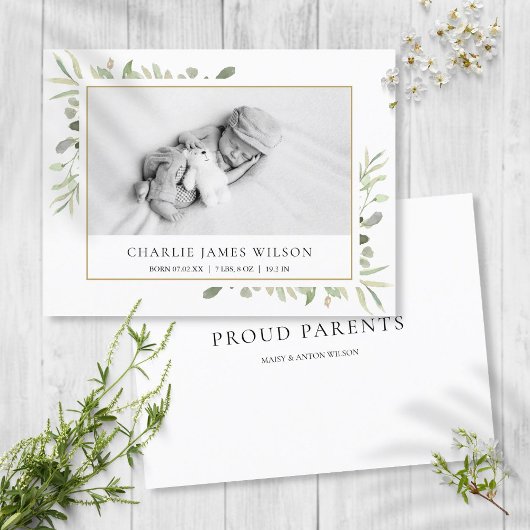 Eenvoudige Baby Foto Waterverf Greenery Birth Aankondigingskaart