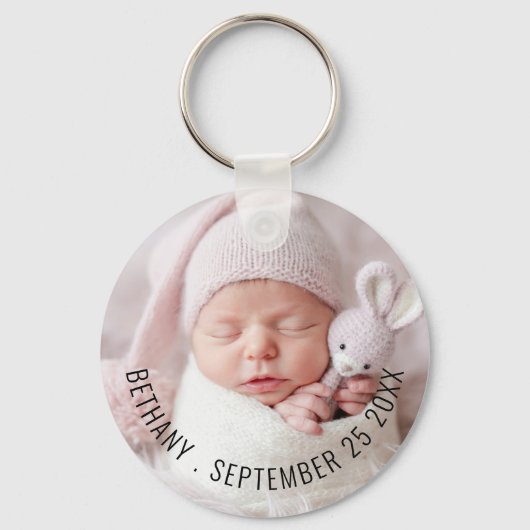 Eenvoudige Baby Fotonaam Datum geboortedatum Sleutelhanger (Voorkant)