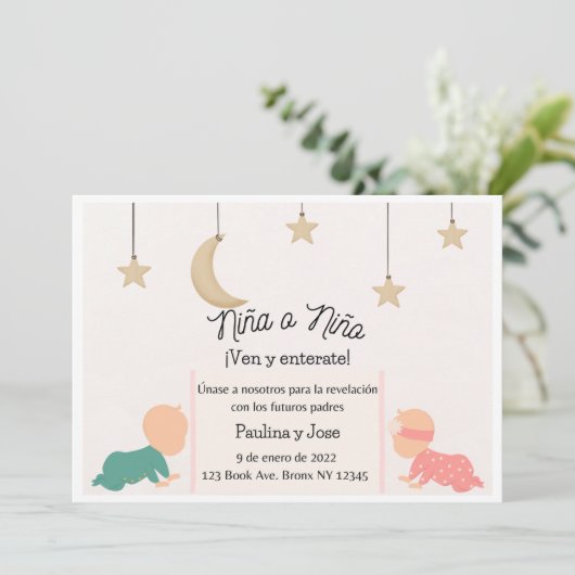 Eenvoudige Baby Gendereducatie uitnodiging (Spaans (Staand voorkant)