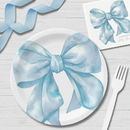 Eenvoudige Baby Shower met Blauwe Strik Papieren Bordje