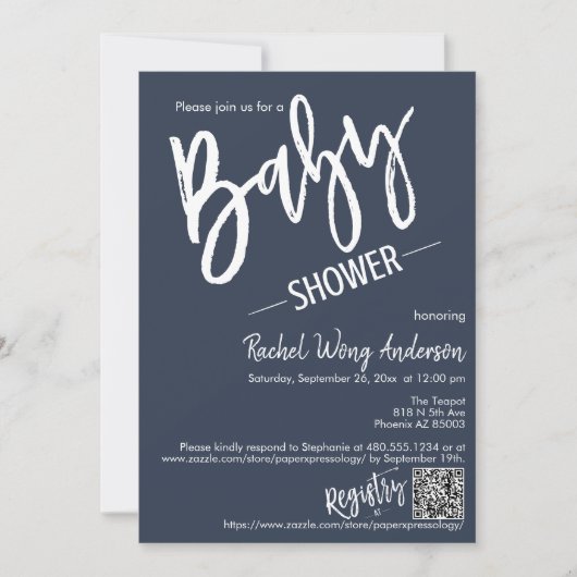 Eenvoudige Baby shower QR-code voor Navy Blue Scri Kaart (Voorkant)