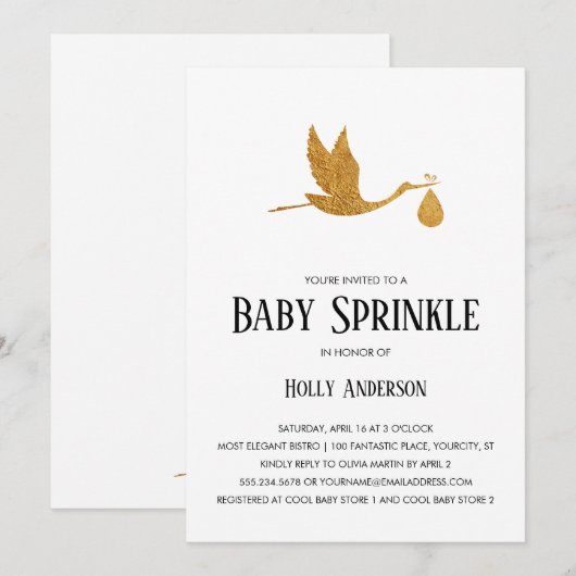 Eenvoudige Baby Sprinkle Faux Gold Foil Stork w Bu Kaart (Voorkant / Achterkant)