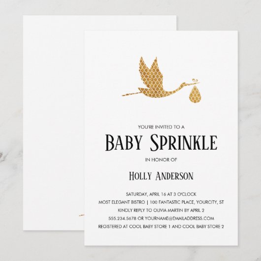Eenvoudige Baby Sprinkle Preppy Gold Stork w Bundl Kaart (Voorkant / Achterkant)