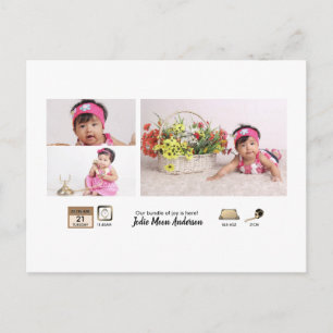 Eenvoudige BABY STATS Fotocollage aankondiging Briefkaart