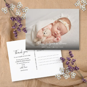 Eenvoudige babyfoto Bedankt Elegant script geboort Aankondigingskaart