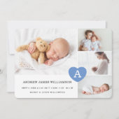 Eenvoudige babyjongen Foto Collage Blue Monogram H Aankondiging (Voorkant)