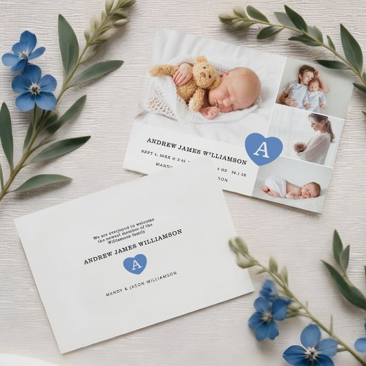 Eenvoudige babyjongen Foto Collage Blue Monogram H Aankondiging