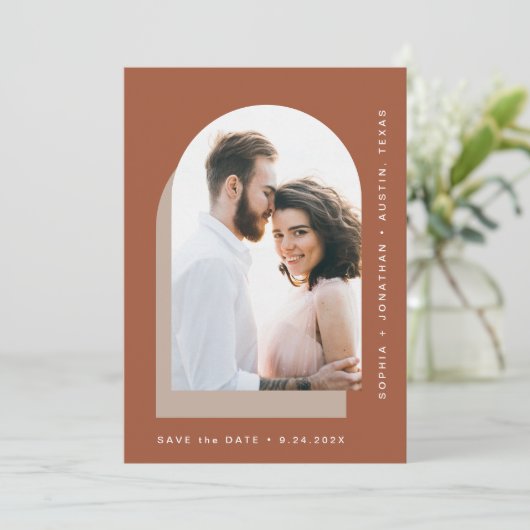 Eenvoudige balk | Modern Two Photo Terracotta Save The Date (Staand voorkant)