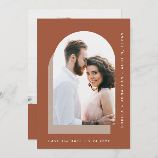 Eenvoudige balk | Modern Two Photo Terracotta Save The Date (Voorkant / Achterkant)