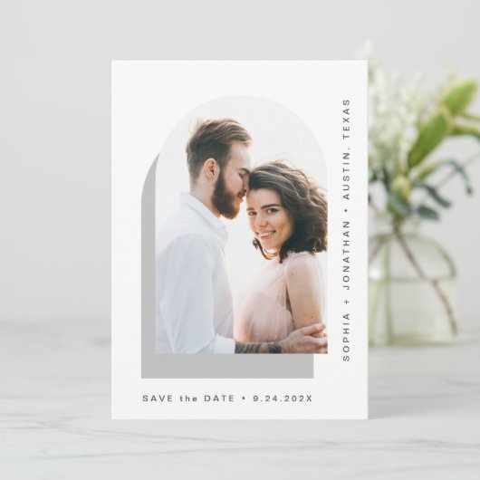Eenvoudige balk | Moderne twee foto's grijs en wit Save The Date (Staand voorkant)