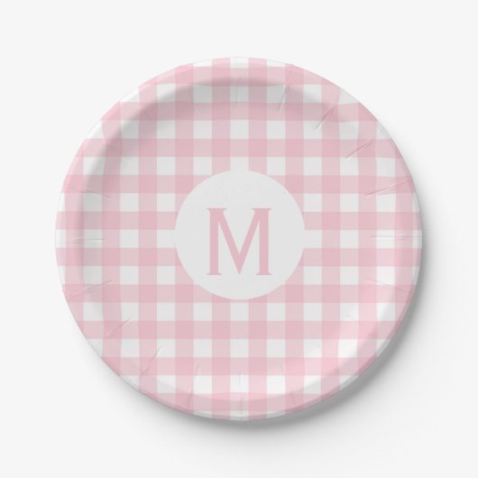 Eenvoudige Basic Baby roze Gingham Monogram Papieren Bordje (Voorkant)
