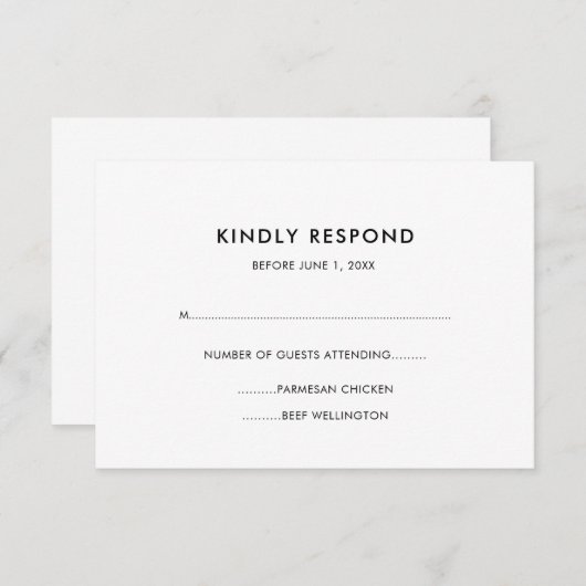 Eenvoudige Basic Zwart-wit Maaltijd Keuze RSVP Kaartje (Voorkant / Achterkant)