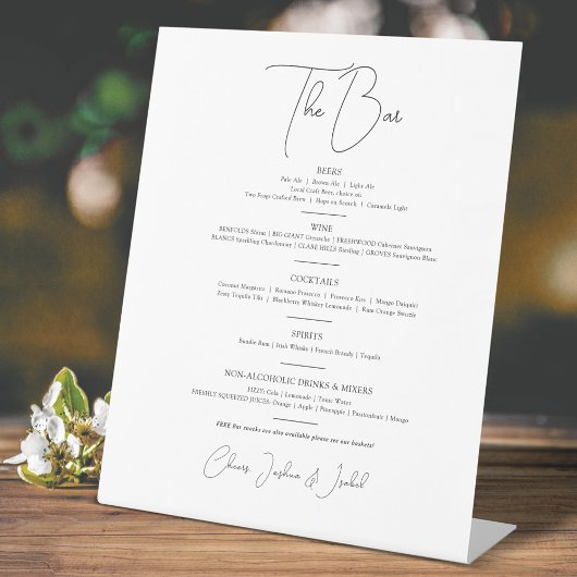 Eenvoudige basis mono bruiloft drinken bar menu reclamebord met voetstuk
