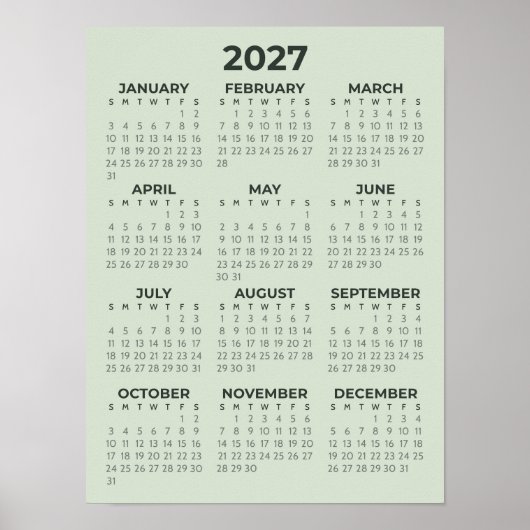 Eenvoudige Basis Sage Groene 2027 Agenda Poster (Voorkant)