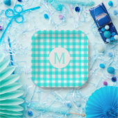 Eenvoudige basis turquoise gingham monogram papieren bordje (Feest)