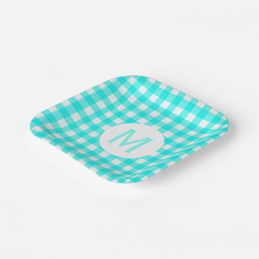 Eenvoudige basis turquoise gingham monogram papieren bordje (Gebogen)