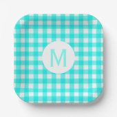 Eenvoudige basis turquoise gingham monogram papieren bordje (Voorkant)