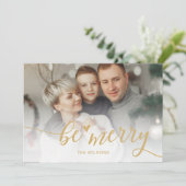 Eenvoudige be Merry Script Hecht Cute Gold foto Feestdagenkaart (Staand voorkant)