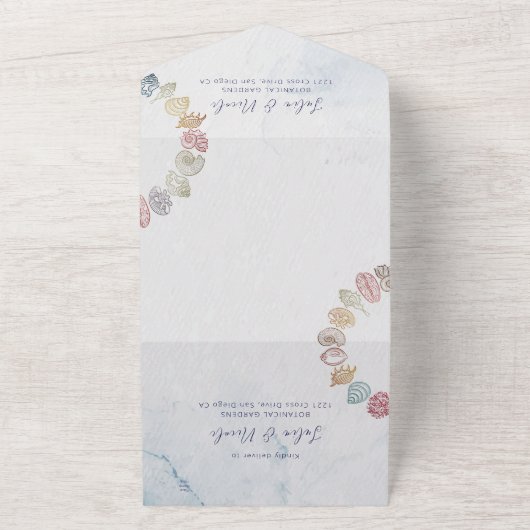 Eenvoudige Beach Ocean Seashell krans bruiloft All In One Uitnodiging (Buitenkant)