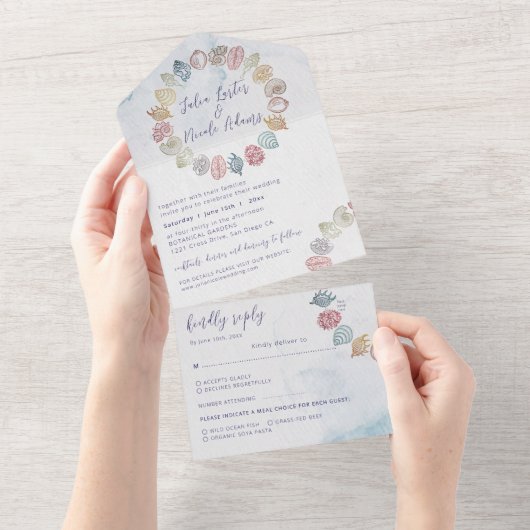 Eenvoudige Beach Ocean Seashell krans bruiloft All In One Uitnodiging (Afscheurbaar)