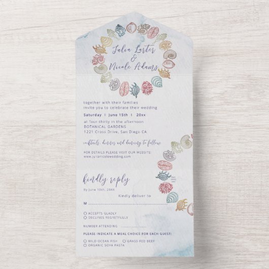 Eenvoudige Beach Ocean Seashell krans bruiloft All In One Uitnodiging (Binnen)