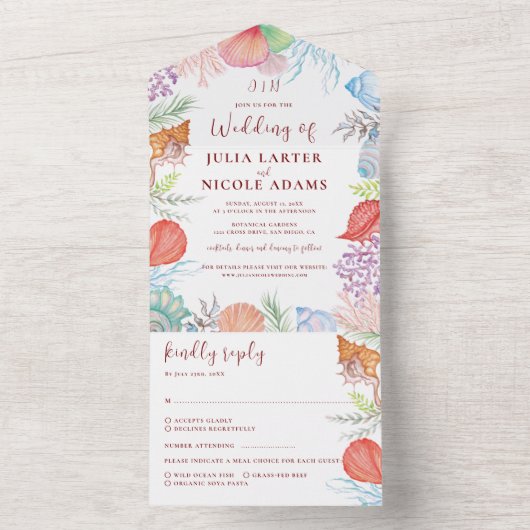 Eenvoudige Beach Ocean Seashell krans bruiloft All In One Uitnodiging (Binnen)