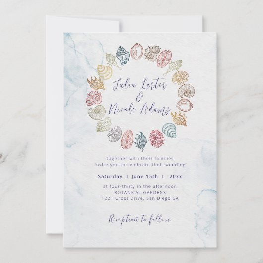 Eenvoudige Beach Ocean Seashell krans bruiloft Kaart (Voorkant)