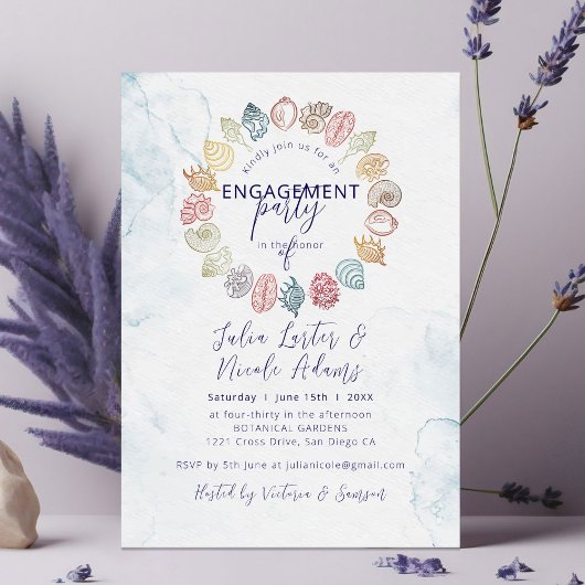 Eenvoudige Beach Seashell Krans Engagement Party Kaart