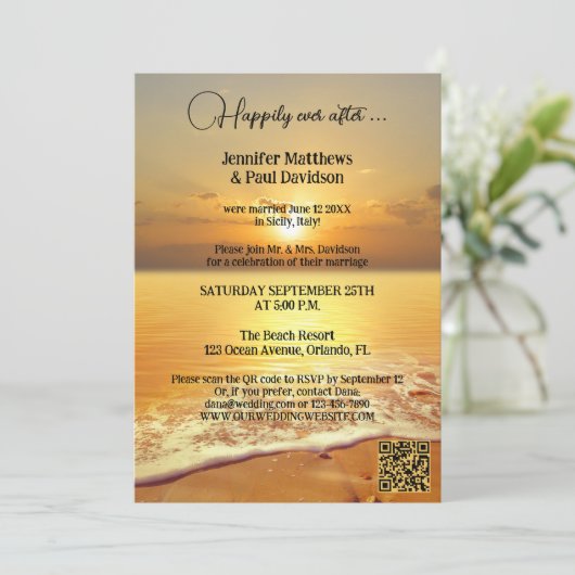 Eenvoudige Beach Sunset Weddenschappen Reception F Kaart (Staand voorkant)