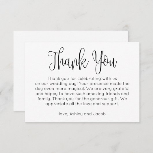 Eenvoudige bedankt. Zwart-wit huwelijksbriefje Kaart