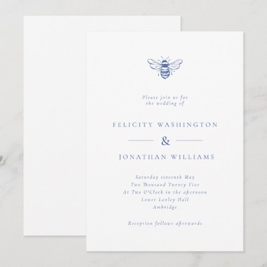 Eenvoudige  Bee Blue Wedding Kaart (Voorkant / Achterkant)
