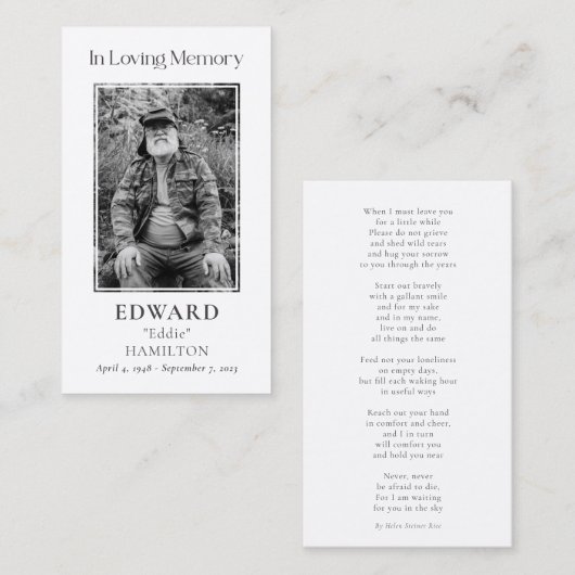 Eenvoudige begrafenisfotosympathie Memorial Prayer Visitekaartje (Voorkant / Achterkant)