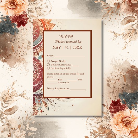 Eenvoudige beige boho chique bruiloft RSVP kaartje