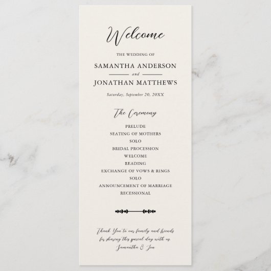 Eenvoudige beige elegante script huwelijksceremoni programmakaart (Voorkant)