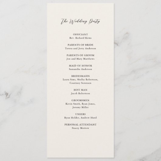 Eenvoudige beige elegante script huwelijksceremoni programmakaart (Achterkant)