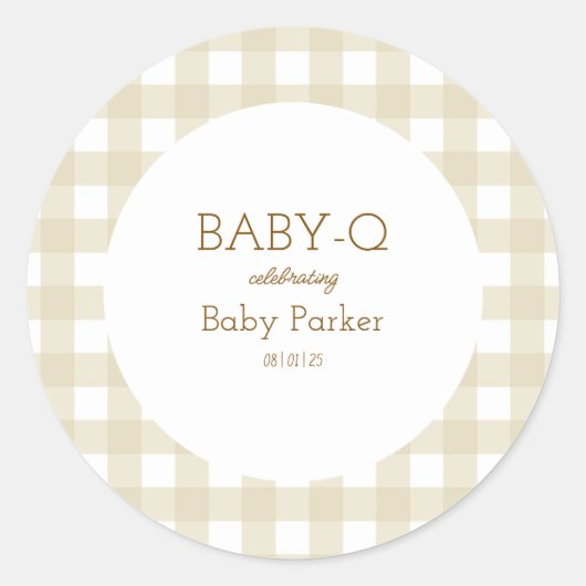 Eenvoudige Beige Gingham Baby Shower Sticker (Voorkant)
